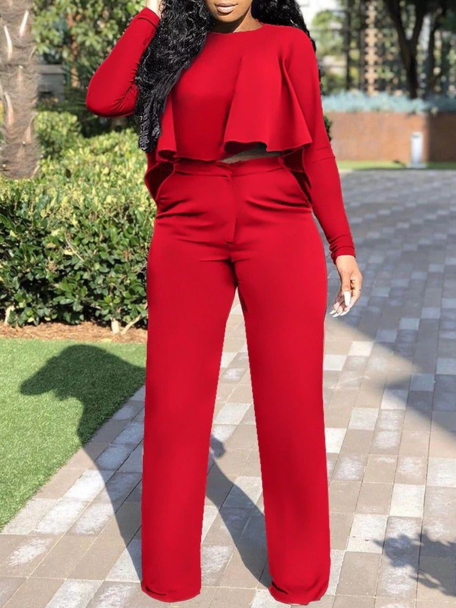 Two-Piece Flounce Design Wide Leg Pants Set
