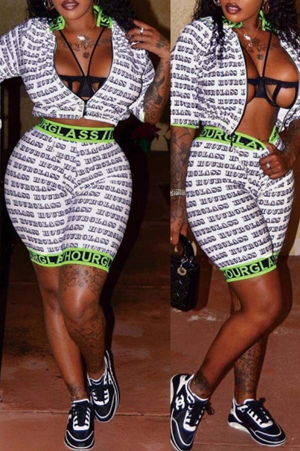 Trendy Letter Print White Two-Piece Shorts Set