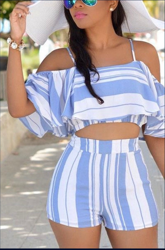 Two-Piece Blue/White Off Shoulder Top & Shorts